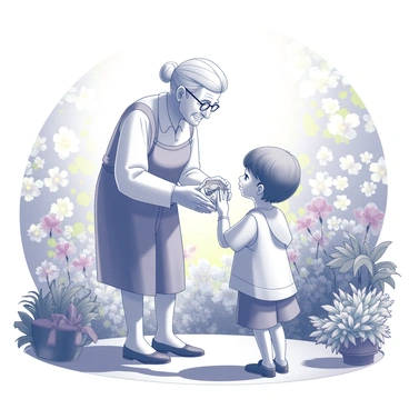 An elderly character stands in a sunny garden, surrounded by vibrant flowers and lush greenery. The elderly character holds a vintage family heirloom, carefully presenting it to a younger character. The younger character gazes at the heirloom with a look of admiration and curiosity. Sunlight filters through the leaves, casting intricate shadows on the ground, enhancing the warm atmosphere of the moment. The garden is adorned with various plants, creating a peaceful and inviting environment for this significant exchange.