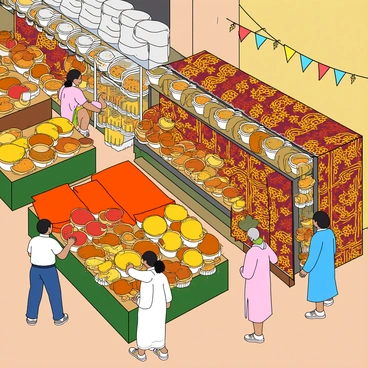 A colorful village market filled with various vendors. Stalls are overflowing with an array of spices in vibrant hues, such as bright red, deep yellow, and earthy brown. Each spice is displayed in small open containers, allowing the texture and color to be appreciated. Nearby, a vendor is showcasing rolls of fabric in rich patterns and colors, including floral prints and geometric designs. The fabrics are neatly arranged and hang from the edges of the stall. Villagers of diverse backgrounds are seen interacting, some examining the goods, while children play nearby. Banners and flags in the air add to the lively atmosphere of the market.