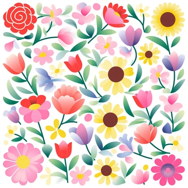 A large mosaic pattern is displayed, composed entirely of various flower species. Each section of the mosaic features distinct flowers, including roses, daisies, tulips, and sunflowers, arranged in a harmonious design. The flowers display a vibrant array of colors, such as deep reds, bright yellows, soft pinks, and rich purples. The petals of each flower are depicted in intricate detail, showcasing their unique shapes and textures. The background of the mosaic is a soft gradient that complements the colors of the flowers. This beautiful arrangement creates a visually striking and colorful composition.