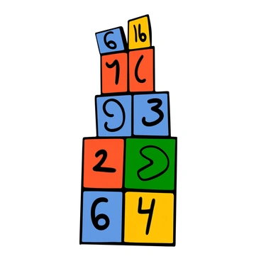 A stack of colorful toy blocks consisting of six blocks in total is depicted. Four blocks are visibly protruding from the top of the stack, illustrating the concept of "6/4". The blocks are in various bright colors including red, blue, green, and yellow. The blocks are shaped like cubes, and they are arranged in a neat manner, with the four blocks clearly separated from the bottom two blocks in the stack. Each block features simple shapes and numbers on their surfaces, adding an educational element to the scene.
