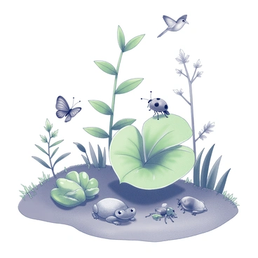 A small ecosystem scene featuring various insects and animals. In the foreground, a detailed arrangement of chlorophyll-rich plants creates a lush environment. A ladybug is perched on a green leaf, while an ant is seen carrying food back to its nest. A butterfly flutters nearby, and a small frog is nestled among the roots of a plant. In the background, a beetle crawls on the soil, and a bird can be seen landing on a branch above. The entire scene conveys the vibrant interactions occurring within this miniature habitat.