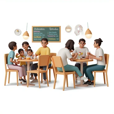 A cozy family-owned restaurant with warm wooden accents and soft lighting. The interior features a chalkboard menu, filled with colorful handwritten specials. Several round wooden tables are filled with happy diners, enjoying their meals and engaging in lively conversations. The diners include a family with small children, a couple sharing a dessert, and a group of friends toasting with drinks. The atmosphere is lively, with smiling faces and the aroma of delicious food in the air.