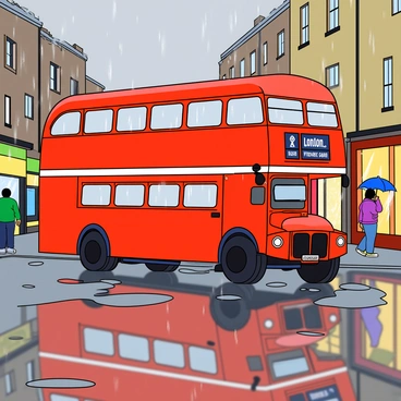 A bright red double-decker bus with large windows is parked on a busy street during a rainy day. Raindrops are falling from a gray sky, creating a soft mist around the bus. The bus features distinct white outlines and a prominent "London" label on the front. The wet street below reflects the bus and nearby colorful storefronts, creating a vibrant mirror effect on the pavement. Puddles have formed on the ground, and a few people holding umbrellas are walking past, adding a lively element to the scene. The atmosphere is dynamic, showcasing the interaction between the bus, the rain, and the reflections.
