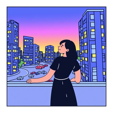 A woman with long dark hair stands on the balcony of a skyscraper. She is wearing a simple black dress and gazes out towards the vibrant cityscape. The skyline is filled with tall buildings, their windows illuminated with warm lights. The sky transitions from deep blue to shades of purple and orange, indicating twilight. Below her, the streets are busy with cars and people, creating a sense of liveliness in the scene.