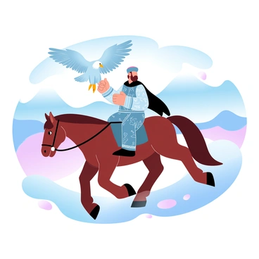 A Kazakh eagle hunter is sitting on a strong, sturdy horse. The hunter is wearing traditional, ornate clothing that features intricate patterns and textures. He has a majestic eagle perched on his arm, showcasing its powerful wings and sharp talons. The background displays vast, open landscapes with gently rolling hills and a clear sky. The scene captures the essence of the hunter's connection with the eagle.