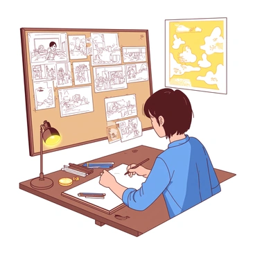 An artist working on a storyboard for an animation, with sketches pinned on a board.