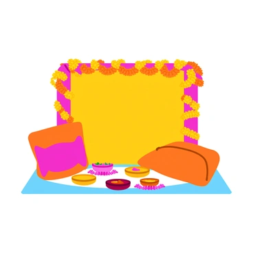 A vibrant haldi ceremony setup featuring a decorative arrangement with an array of colorful flowers in shades of yellow, orange, and pink. The scene includes marigold garlands draped elegantly across the backdrop and around the seating area. Brightly colored cushions are placed on the ground, adding comfort and warmth to the setting. Various small bowls filled with turmeric paste and flower petals are arranged on a low table at the center. The overall atmosphere is festive and lively, reflecting the joyful spirit of the ceremony.