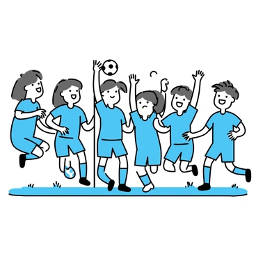 A soccer team in matching blue uniforms is celebrating on the field. The players have their arms raised high in the air, displaying joy and excitement. The team is gathered closely together in a huddle, with some players smiling widely while others are jumping in enthusiasm. One player is holding a soccer ball in his hand. In the background, there is a goal post, and the grass field is visible beneath their feet.