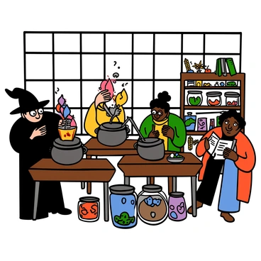 A classroom with wooden desks and shelves lined with various potion ingredients. There are several bubbling cauldrons on the tables, emitting colorful vapors. Light filters through tall windows, illuminating a group of diverse students. Some students are leaning over their cauldrons, carefully stirring their mixtures, while others are taking notes from ancient-looking books. One student with light skin and big eyes is wearing a dark robe with a pointed hat, holding a wooden spoon above a glowing cauldron. Another student with dark skin and big eyes is measuring ingredients with a focused expression, surrounded by jars filled with herbs and crystals.
