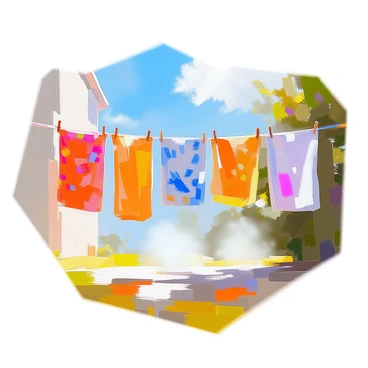 A clothesline stretches across an outdoor setting, adorned with "colorful clothes" blowing gently in the breeze. Each piece of fabric exhibits unique patterns and vibrant hues, including reds, blues, yellows, and greens, creating a lively display. Below the clothesline, "vapor rises" subtly from the freshly washed fabric, indicating the warmth of the sun drying the garments. The background features a clear blue sky, enhancing the overall brightness of the scene.