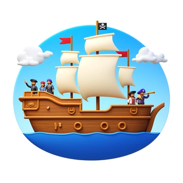 A pirate-themed airship with multiple sails billowing in the wind. The ship features intricate carvings and wooden details, showcasing its craftsmanship. Various pirate flags flutter prominently from the masts. A diverse crew of pirates is visible on deck, scanning the horizon for treasure with a telescope and pointing enthusiastically. The backdrop includes a clear blue sky and fluffy white clouds, enhancing the adventurous atmosphere of the scene.