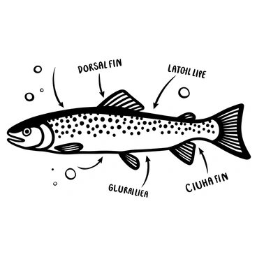 A black-and-white illustration of a brown trout swimming gracefully in water. The trout features intricate patterns and textures on its scales, emphasizing its distinct shape. Various anatomical features such as the dorsal fin, pectoral fins, and tail are highlighted. Annotations in elegant lettering label key parts like "Dorsal Fin," "Lateral Line," and "Caudal Fin," with lines pointing to each feature. Bubbles rise around the trout to suggest movement through the water.