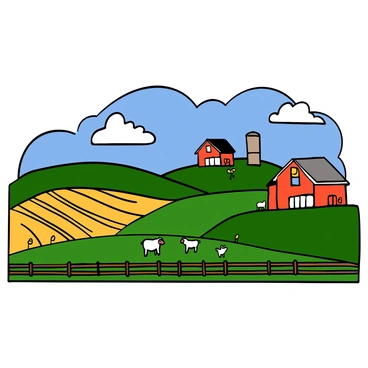 A tranquil countryside farm with rolling green fields stretching into the distance. There are several large, red barns with white trim situated among the fields. Crops of golden wheat sway gently in the breeze. A few cows and sheep are grazing peacefully in the pasture, with some chickens pecking the ground nearby. The sky is clear blue with a few fluffy white clouds scattered above. A wooden fence lines the perimeter of the farm, adding to the idyllic rural scene.