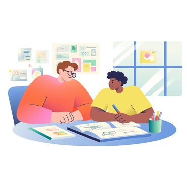 A mentor with short brown hair and glasses is sitting at a round table, leaning over to discuss ideas with a student. The student has curly black hair and is wearing a yellow t-shirt, taking notes on a notepad. Around them, there are colorful sketches pinned on the wall and scattered brainstorming notes on the table, featuring doodles and various written ideas. A large sketchbook lies open in front of the mentor, displaying initial designs, and a mug filled with colored markers is placed to the side. Natural light is streaming in from a nearby window, illuminating the collaborative scene.