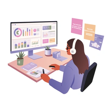 A digital flat illustration featuring a marketer sitting at a desk, focused on a computer screen displaying various digital marketing metrics. The marketer is a woman with medium skin and long brown hair, wearing white headphones, a blue shirt, and black glasses. She is holding a pen in her right hand and is taking notes on a notepad beside her. The desk is cluttered with colorful charts, graphs, and a coffee mug with a motivational quote in front of her. There are plants in small pots on the desk, adding a touch of greenery to the workspace. The wall behind her is decorated with vibrant motivational posters related to marketing strategies.
