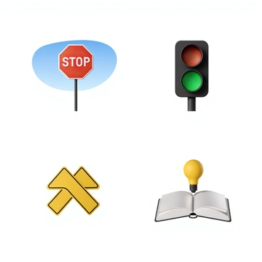 A series of illustrations showcasing various visual elements that convey distinct messages. The first illustration features a bright red stop sign against a clear blue sky, symbolizing the command to halt. The second illustration presents a green traffic light illuminated at night, indicating permission to go. The third illustration depicts a pair of crossed yellow caution signs, suggesting safety and warning. The fourth illustration features an open book with a light bulb above it, representing ideas and knowledge. Each illustration is clearly defined and emphasizes the specific message conveyed through its visual elements.