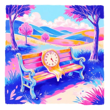 A surreal landscape features a park bench made of weathered wood. A "melting clock" is draped over the backrest of the bench, its numbers distorted and flowing down. The ground is covered in grass with "playful shadows" cast from nearby trees, creating intriguing patterns on the ground. In the background, rolling hills and abstract shapes contribute to the dreamlike atmosphere of the scene. The sky is filled with soft, swirling clouds.