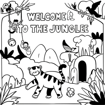 A detailed jungle scene filled with various animals engaged in playful activities. A group of monkeys swinging from tree branches, while a large parrot perches nearby, its wings open wide. A tiger playfully chases a bouncing ball on the ground, surrounded by lush greenery. In the background, a waterfall cascades down rocks, with a family of elephants spraying water at each other. The words "Welcome to the Jungle" are prominently displayed at the top of the page.