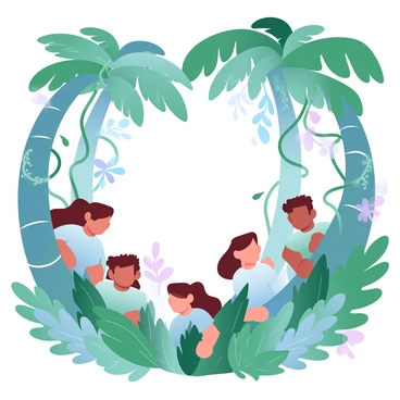 A group of children is playing hide and seek among the dense foliage of a tropical jungle. The children are dressed in various shades of green and brown to blend in with the natural surroundings. Tall trees with broad leaves create a canopy overhead, providing dappled sunlight that filters through the branches. Vines and colorful tropical flowers weave through the greenery, adding splashes of color. Some children are crouched behind large ferns, while others peek from behind tree trunks, their playful poses evident. The lushness of the jungle creates a vibrant backdrop for their adventure.