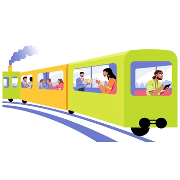 A colorful cartoon-style illustration of a train traveling along the tracks. The train has several bright green and yellow cars, with smoke billowing from the engine. Inside the train, there are diverse passengers sitting in their seats. Some passengers are reading books, their faces focused and absorbed in the stories. Other passengers are engaged in lively conversations, smiling and gesturing animatedly. The windows of the train showcase a blurred landscape of rolling hills and trees passing by quickly. The wheels of the train are depicted in motion, emphasizing the "clatter" of the wheels on the tracks.