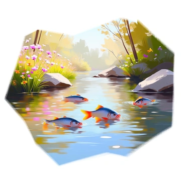 A tranquil river scene showcasing clear water with ripples flowing gently. Various fish, including vibrant colored ones, are swimming against the current, their bodies creating subtle disturbances in the water. The riverbanks are lined with lush green foliage and wildflowers. The light filters through the trees, casting soft shadows on the water's surface, enhancing the peaceful atmosphere of the scene.