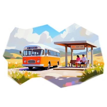 A vintage 1950s bus is coming to a stop at a quaint rural bus station. The bus is painted in bright colors typical of that era, with rounded edges and large windows. Around the bus station, there are lush green fields stretching out in all directions, dotted with wildflowers. The bus station itself features a small wooden shelter with a weathered sign displaying the bus route. A few people are waiting on the benches, engaged in quiet conversation. In the background, there are rolling hills and a clear blue sky, completing the peaceful rural scene.