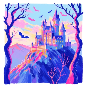 A dark and eerie vampire castle on a hill, with bats flying around in a comic scene