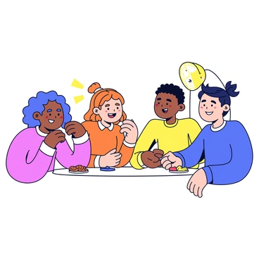 A group of four friends is gathered around a small table playing cards. One friend, a young woman with curly hair, is leaning forward with a playful grin on her face, nervously glancing at her cards. She is making a bold move by placing a card down in the center of the table. The other friends, two men and another woman, display surprised expressions, with wide eyes and raised eyebrows. They each have their hands resting on the table, showing a mix of excitement and anticipation. The setting is cozy, with a few snacks scattered around the table and a warm lamp casting a soft glow over the scene.
