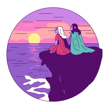 Two elves with long, flowing hair are sitting on a rocky cliff edge. One elf is wearing a teal cloak, while the other wears a flowing gown in deep red. Their feet dangle over the edge, and they gaze out at the horizon. Below them, the ocean waves crash against the base of the cliff, reflecting the vibrant colors of the sunset. The sky is filled with shades of orange and pink, gradually transitioning into deep purple as the sun dips lower. The elves appear serene, their expressions filled with wonder as they admire the view.