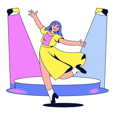 A contemporary dancer wearing a flowing, bright-colored costume. The dancer is mid-leap, showcasing an expressive pose with arms extended. The stage is bare, focusing attention on the dancer. Dynamic lighting effects cast vibrant colors across the stage, creating a dramatic atmosphere. Shadows are visible on the floor, accentuating the dancer's movement.