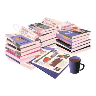 A digital flat illustration depicting multiple stacks of freshly printed magazines. The magazines are arranged in neat piles, showcasing vibrant covers with bold colors and creative editorial illustrations. Each cover features different themes, including fashion, travel, and food, with visually striking graphics and typography. The background is a light color to highlight the magazines, and there are small details like a pair of reading glasses resting on one of the stacks and a coffee cup next to it. A few pages are fanned out, revealing snippets of the illustrated content inside.