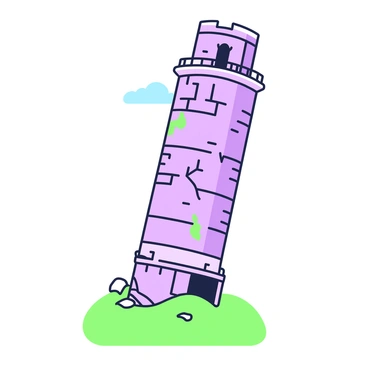 A leaning tower stands prominently on a hilltop, showcasing its unique angle. The structure features visible cracks that run along its base, indicating age and wear. The hilltop is covered with green grass, and small rocks are scattered around the tower’s base. In the background, a clear sky is visible, adding depth to the scene. The tower has a textured surface, showing intricate stonework, with some small vines creeping along its sides.
