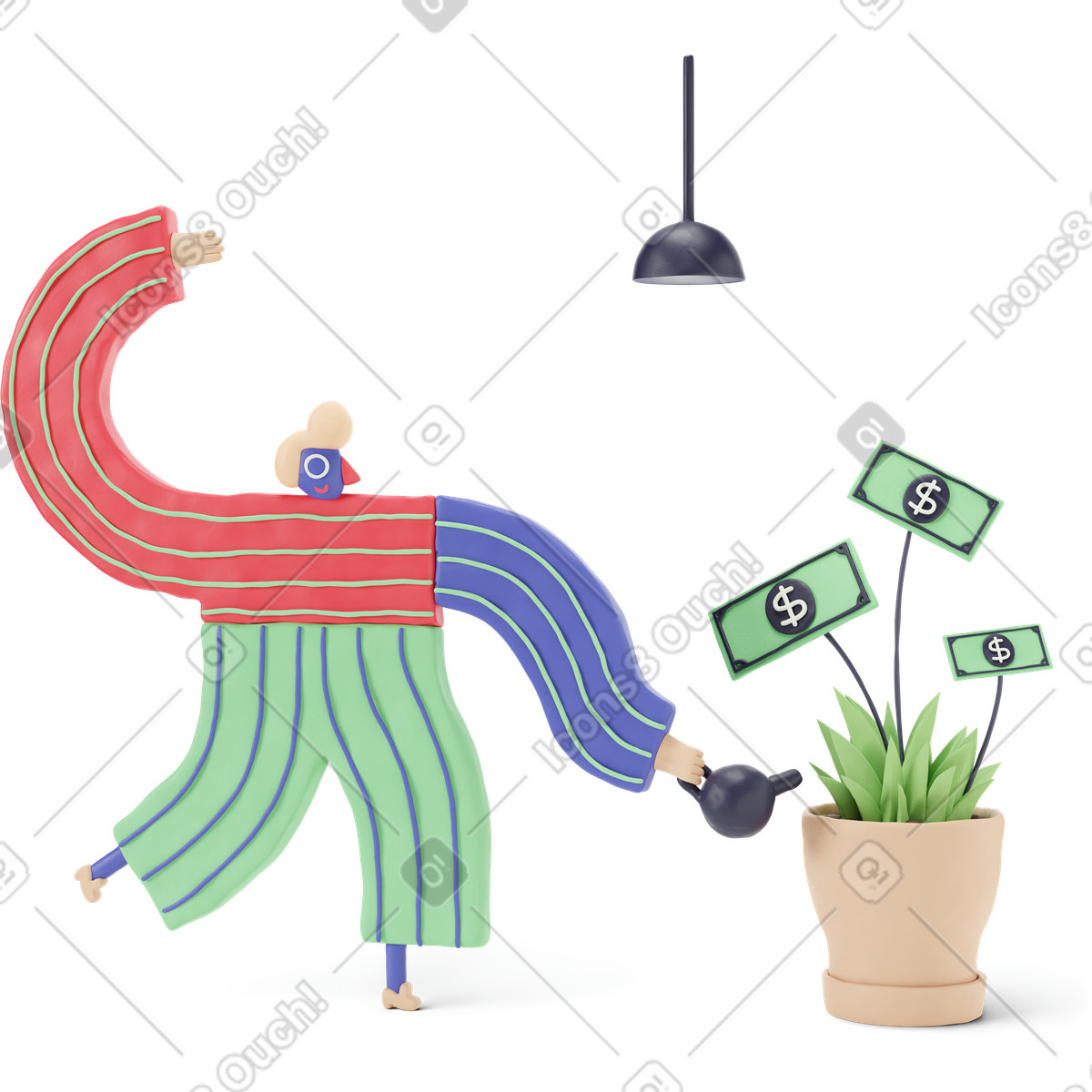 3D Stripy スタイルの Watering money tree in pot, Financial growth and investment のイラストをPNG、SVG形式でダウンロード