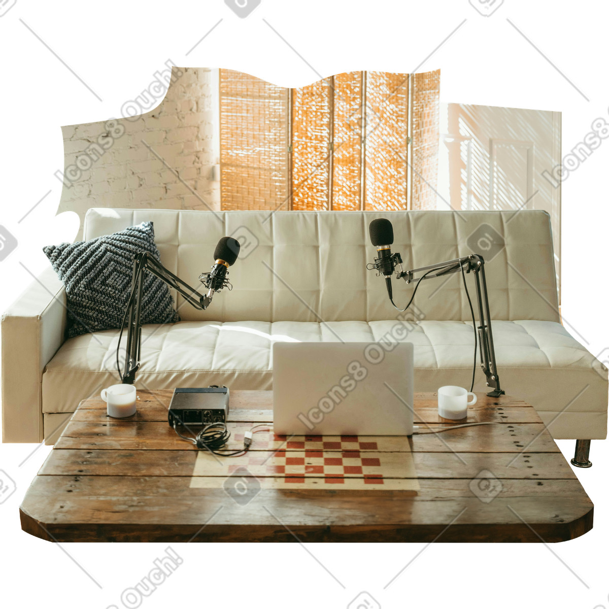 Background with sofa and podcast equipment illustration in Everyday style download in PNG, SVG