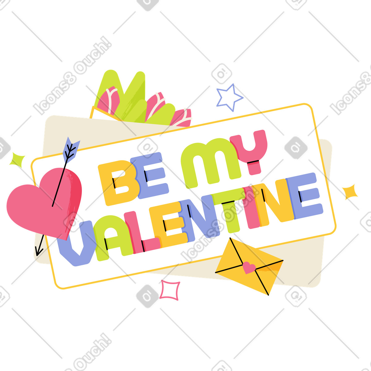 Juicy スタイルの Be My Valentine card with flowers, heart and envelope, Love note or invitation のイラストをPNG、SVG形式でダウンロード