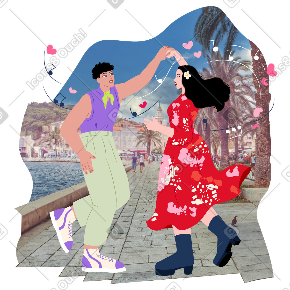 Everyday スタイルの 海辺の遊歩道で踊るカップル のイラストをPNG、SVG形式でダウンロード