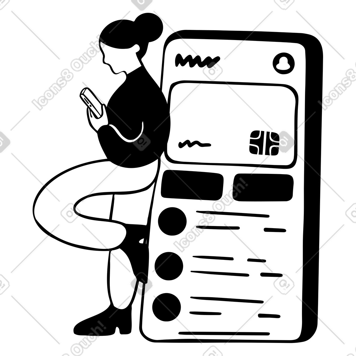 Illustration Femme utilisant une application bancaire mobile dans le style Journal à télécharger aux formats PNG, SVG