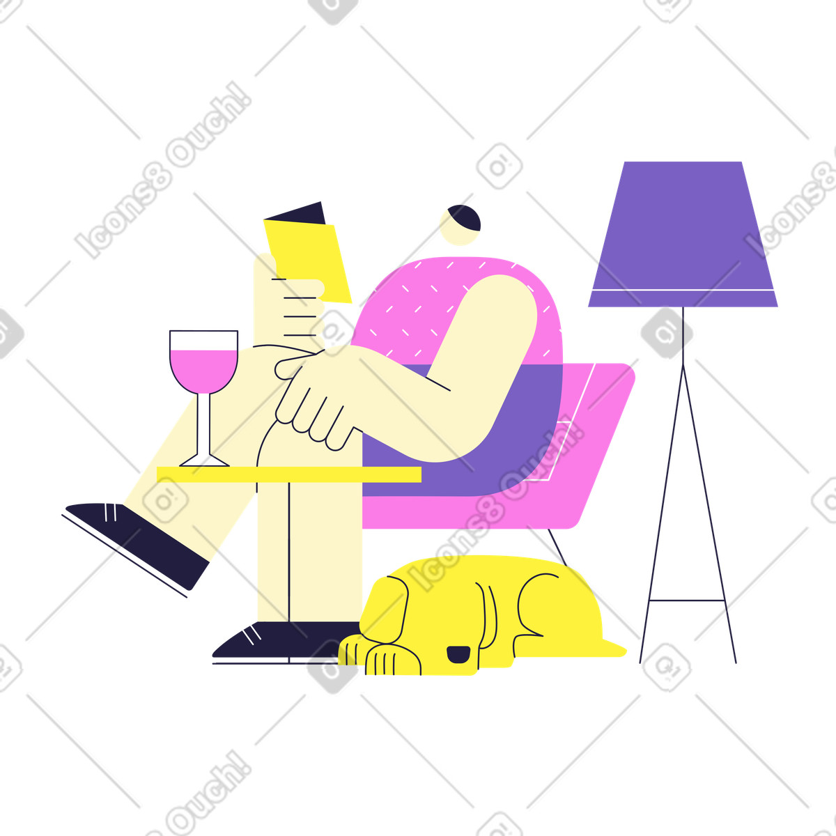 Иллюстрация Мужчина сидит за столом с книгой и собакой в PNG и SVG