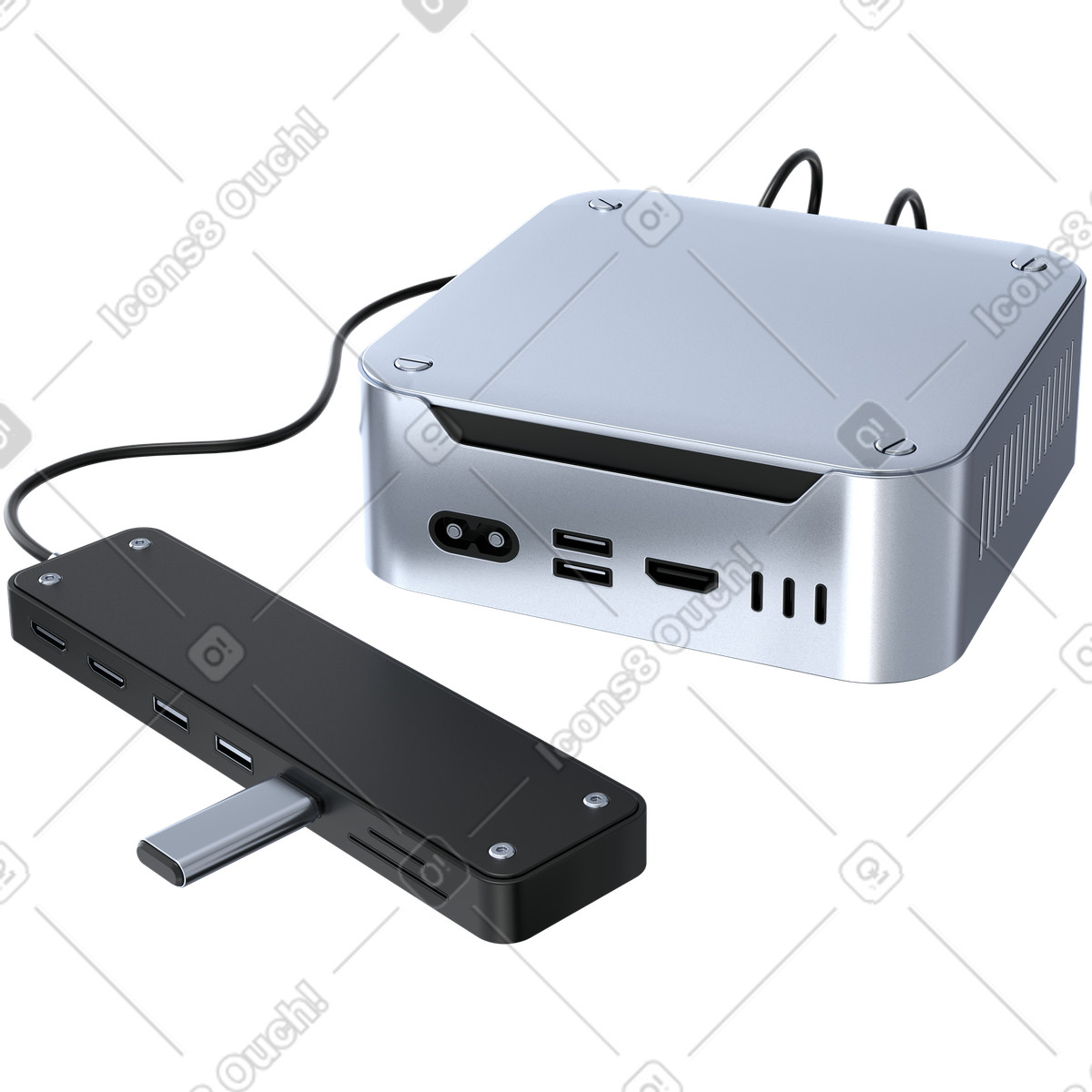 Edge computing mini pc connected to multiport docking station illustration in 3D Pro style download in PNG, SVG