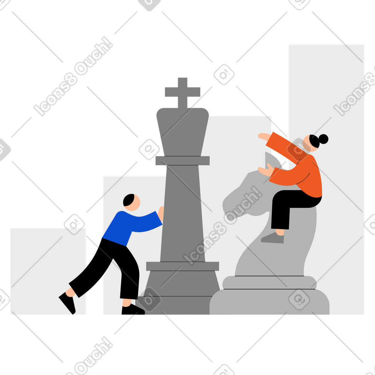 Business team thinking together while playing big chess animated illustration in Tiny style download in GIF, Lottie (JSON), AE