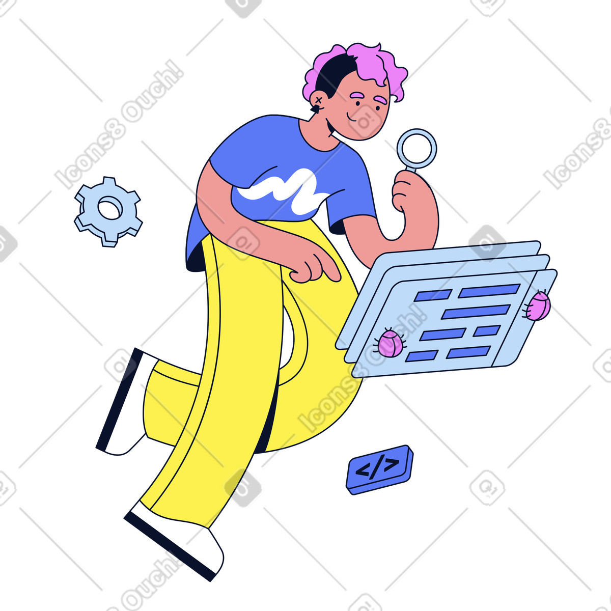 Developer reviewing code with magnifying glass, Bug detection and software debugging illustration in PNG, SVG
