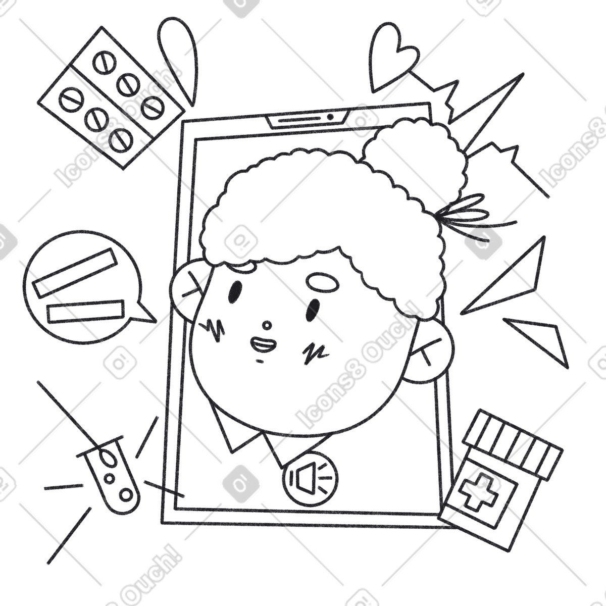 Ilustración Tableta con medicamento y consulta online al médico. en estilo Bonbon Line a descargar en PNG SVG