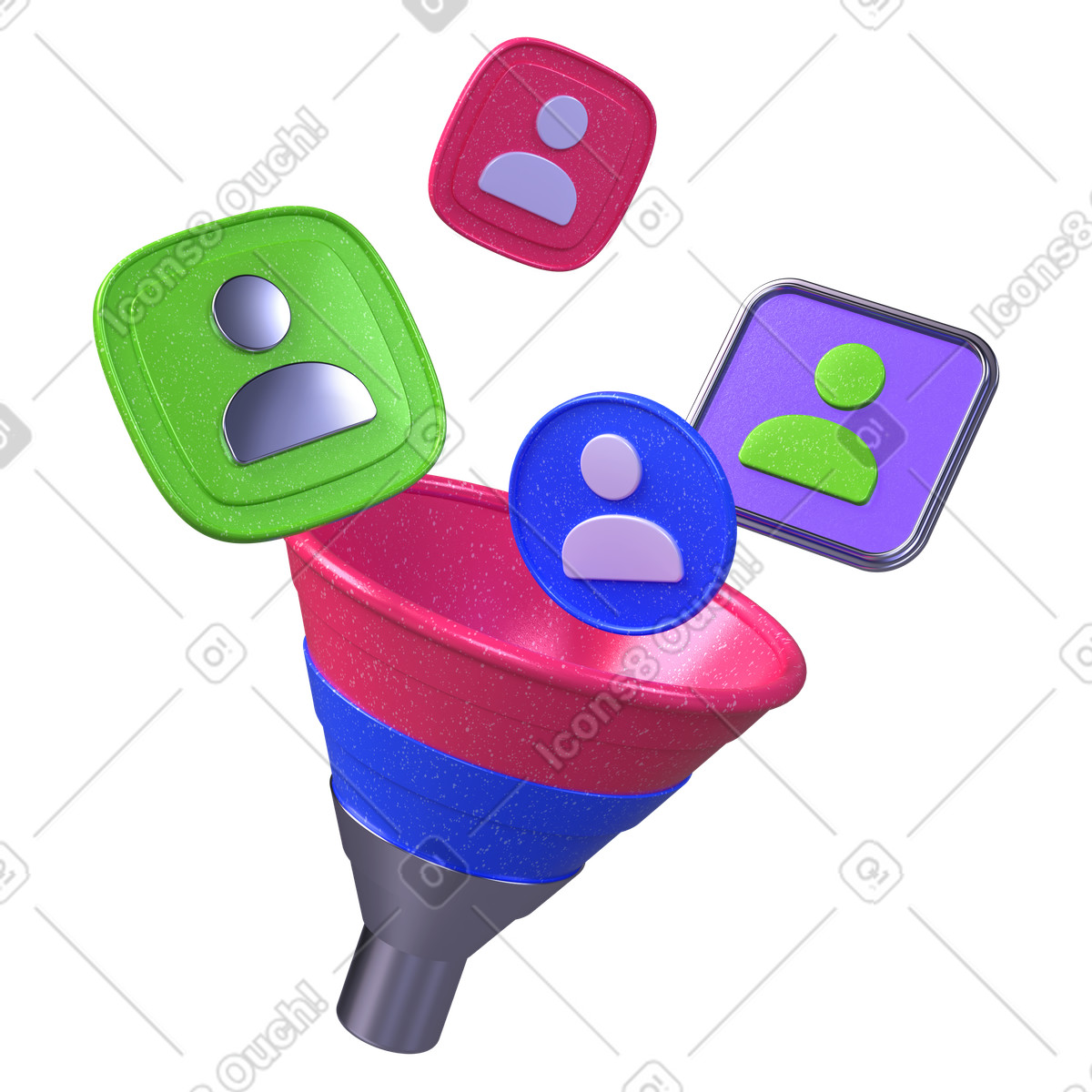 Icone utente che passano attraverso l'imbuto di vendita illustrazione in stile 3D Boost scarica in PNG, SVG