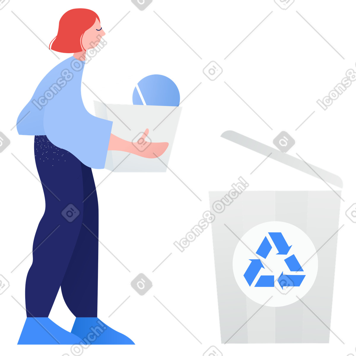 Ilustração de Mulher colocando lixo na lixeira reciclagem em no estilo Clip para baixar em PNG, SVG