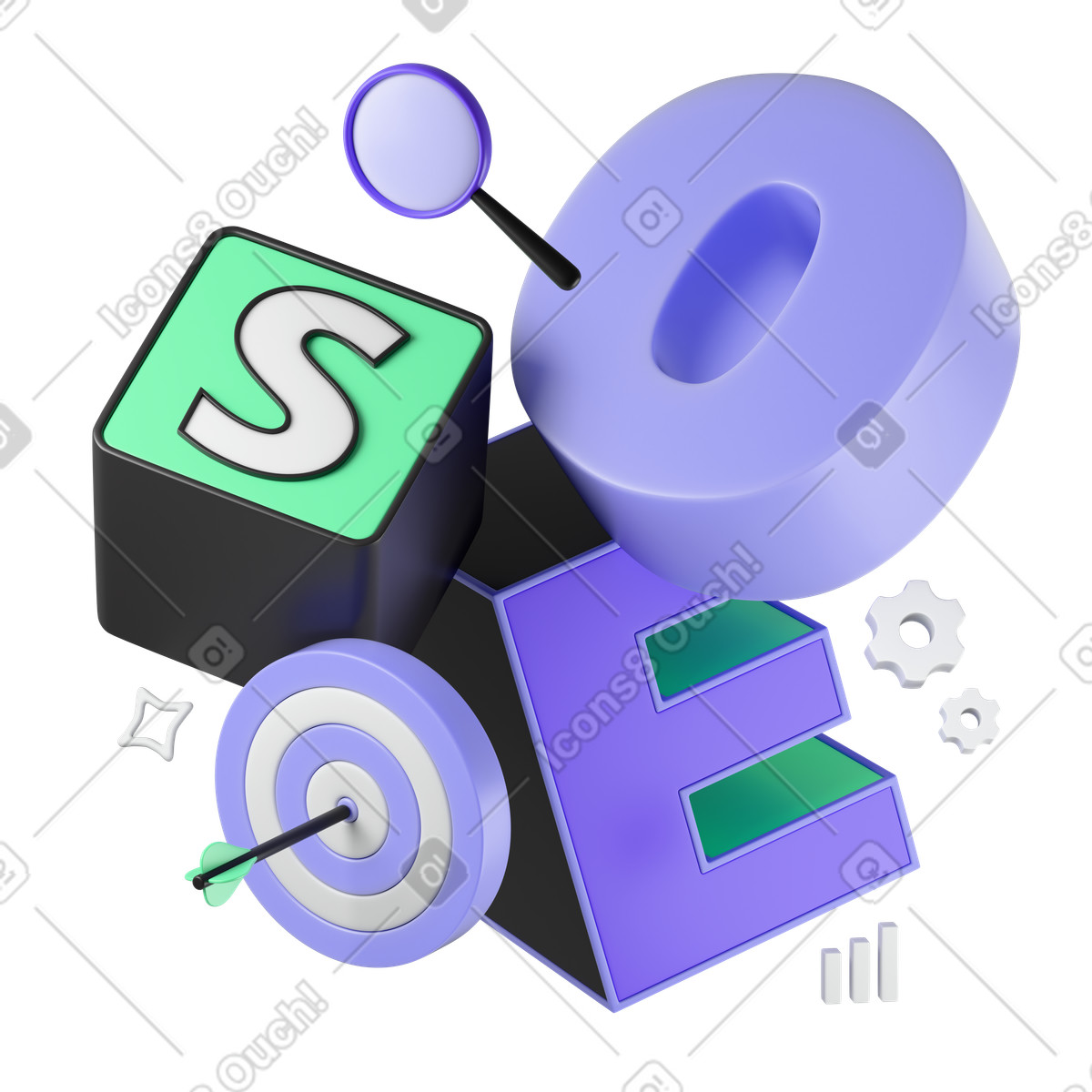 Target and magnifying glass with SEO lettering, Keyword research online visibility improvement animated illustration in 3D Incut style download in GIF, Lottie (JSON), AE