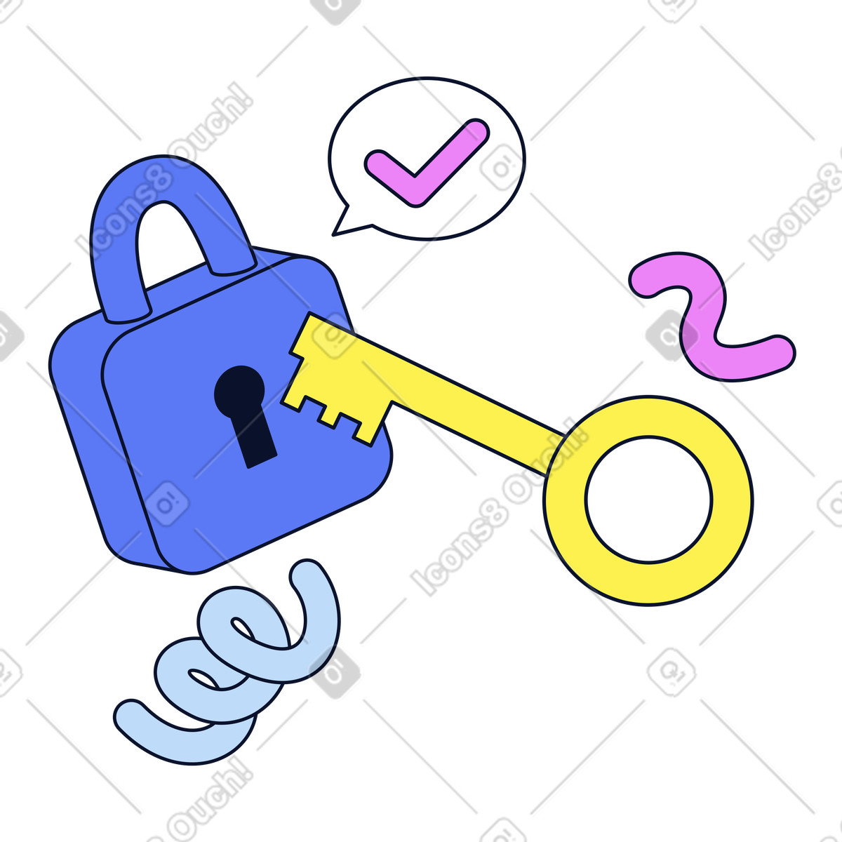 Security lock and key with checkmark, access control authentication illustrazione in stile Flexy scarica in PNG, SVG