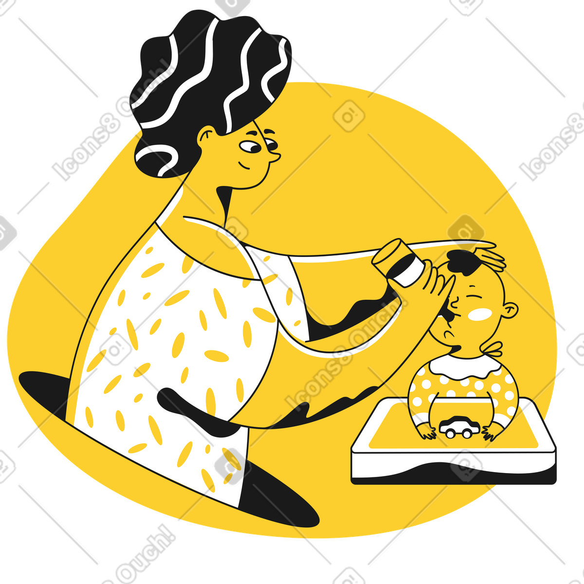 Illustration Mère nourrissant bébé avec du lait au biberon dans le style Taxi à télécharger aux formats PNG, SVG