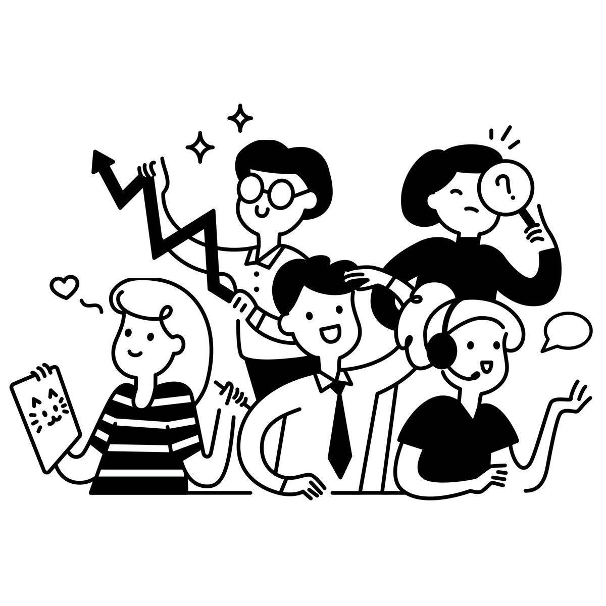 Иллюстрация Team collaboration characters brainstorming ideas with speech bubbles and gestures в стиле Notion Line Art — скачать в форматах PNG, SVG