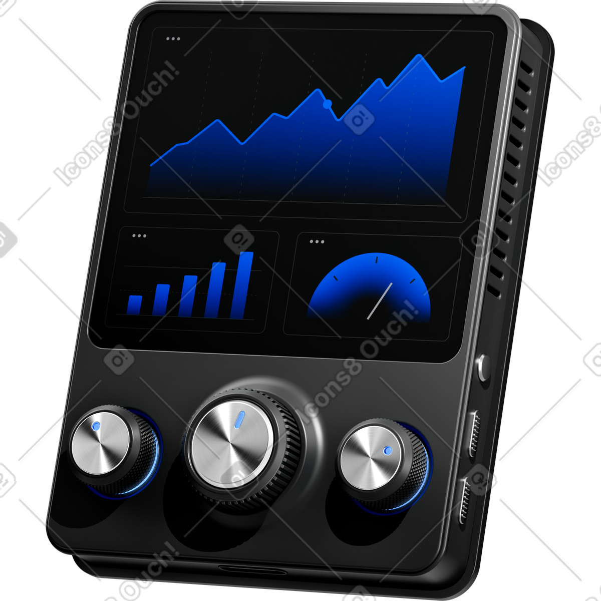 3D Pro 스타일의 Dashboard device with line chart bar graph and speedometer gauge 일러스트레이션 PNG, SVG 다운로드