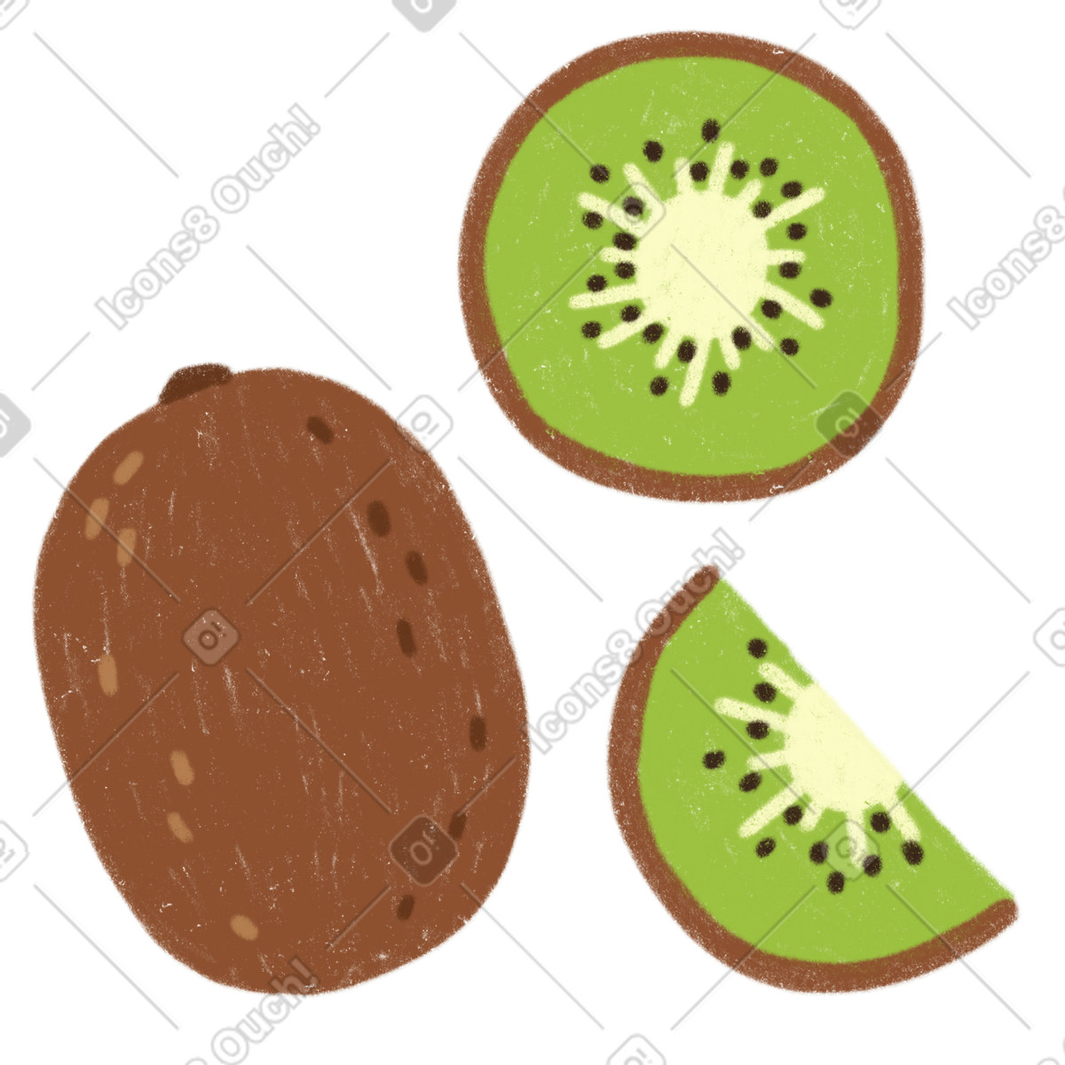 Illustration Kiwi, moitié de kiwi et tranche dans le style Cozy à télécharger aux formats PNG, SVG